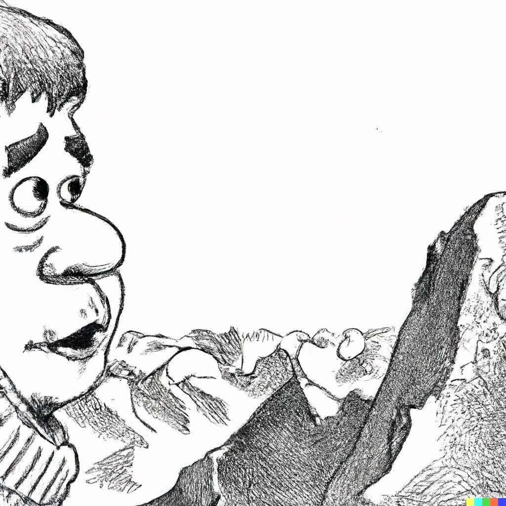 someone gazing at Mount Everest, pen and ink caricature
